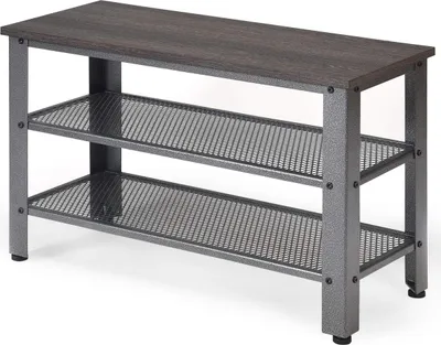 Zdjęcie produktu dla COSTWAY Ławka na buty z metalową ramą, stojak na buty z 2 półkami kratowymi, szafka na buty w stylu industrialnym, stolik konsolowy do wejścia, salon ciemnobrązowy i szary