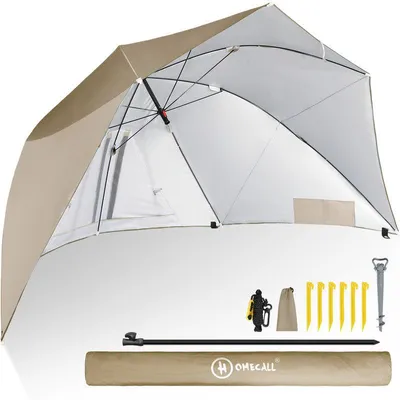 Produktbild von Strandmuschel mit Sonnenschirm – 3-in-1 Sonnenschutz, Windschutz und Strandschirm, beige