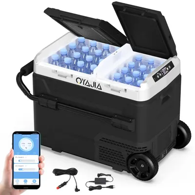 Produktbild von 55L Kompressor Kühlbox mit Bluetooth-App, 2× UNABHÄNGIGE Temperaturregelung (-20°C bis 20°C), 12V/24V/230V, Rollen & USB-Anschluss, Leise (45 dB) für