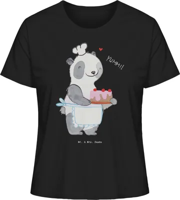 Produktbild von Mr. & Mrs. Panda Kurzarmshirt Damen Panda Backen Größe M - Schwarz - Geschenk, Shirt, Oberteil, Kuchen, Basic T-Shirt, Hobbybäcker