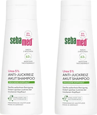 Two bottles of Sebamed Anti-Juckreiz Akut Shampoo are shown side-by-side against a white background.