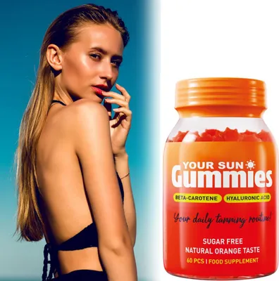 Obrázek produktu pro Your Sun Gummies s beta-karotenem a vitamínem E, doplněk stravy, pomerančová příchuť, 60 želé bonbonů, podpora opálení