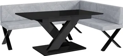 Produktbild von MEBLINI Eckbank für Esszimmer mit ausziehbarem Tisch  - Küchenbank - Essecke - Sitzecke Küche - ERIC - X-Beine 142x196x87cm Rechts - Hellgrau Samt/B Schwarz Hochgl.