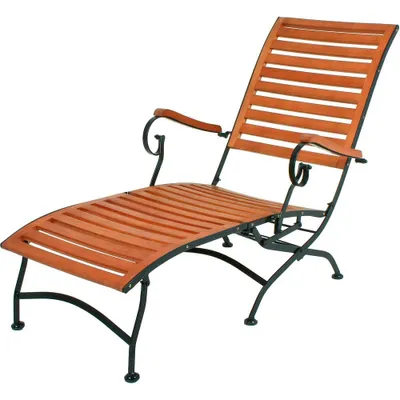 A wooden and metal deckchair on a white background.