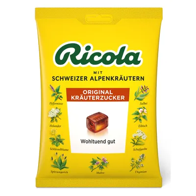 A yellow package of Ricola Original Kräuterzucker with Swiss Alpine Herbs.