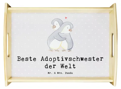 Produktbild von Mr. & Mrs. Panda tablett aus holz Pinguin Beste Adoptivschwester der Welt - Grau Pastell - Geschenk, sofatablett, Familie, Serviertablett, Sister, Kleinigkeit, Servier
