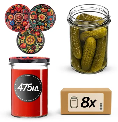 Productafbeelding van KADAX Inmaakpotten, 475 ml, met schroefdeksel (diameter 82 mm), ideaal voor jam, potten voor het inmaken en n van jam en honing (bloemenmotief, 8 stuks)