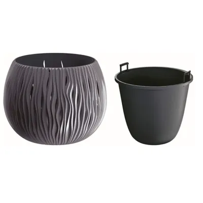 A gray decorative planter and a black inner pot are shown side-by-side against a white background.