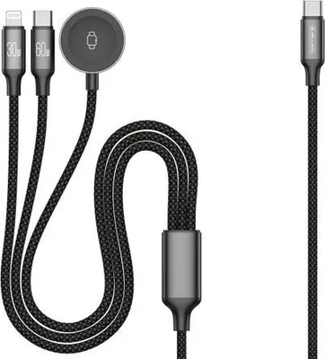 A multi-charging cable with USB-C, Lightning, and magnetic watch charging connectors.