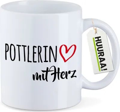 Produktbild von Huuraa Kaffeetasse Pottlerin mit Herz 330ml Weiß Keramik Kaffeebecher Geschenkidee