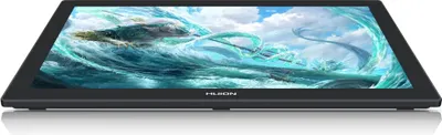 A digital drawing tablet with a screen displaying a dynamic image of waves and clouds.