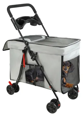 Produktbild von Hundebuggy mit 360-Grad-Rädern, faltbarem Haustierwagen, 5 Belüftungsfenstern und abnehmbarer Ablage, Outdoor-Reise-Hundewagen für kleine/mittelgroße Hunde