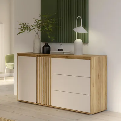 Produktbild von Forte ELISTON Kommode 160, modernes Sideboard mit Lamellendesign, 2-türig, 3 Schubladen, Wohn-/Schlafzimmer, Mauvella Eiche Holzdekor|Kashmir Beige, 159,3 cm breit x 84,9 cm hoch x 41,5 cm tief