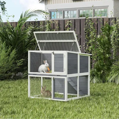 Produktbild von Sweiko Hasenstall 2 Etagen Kaninchenstall aus Holz mit wetterfest aufklappbar Dach, Freilaufgehege, Rampe, 98x95x102,5 cm Grau