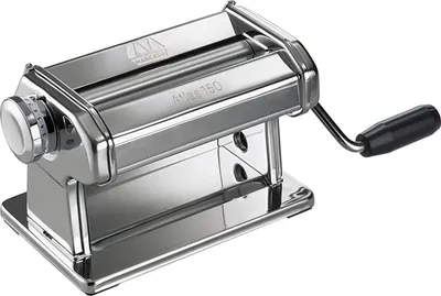 A chrome pasta maker with a black handle and a white dial.