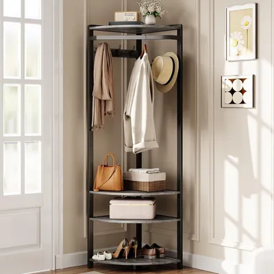 Produktbild von Eckgarderobe mit Schuhregal 3-in-1, 6 Doppelhaken, 4 Ablagen, Grau