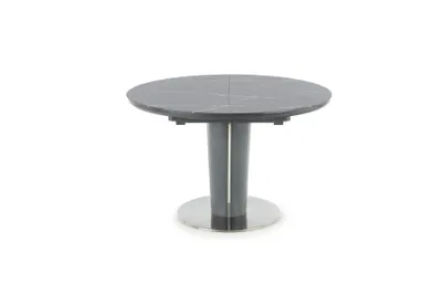 A round dining table with a marble-like top and a dark gray pedestal base.