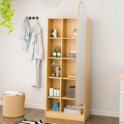 Immagine prodotto di okwish: Mobiletto alto da bagno, contenitore con specchio e ripiani aperti. Mobile da bagno con ripiani regolabili, design naturale
