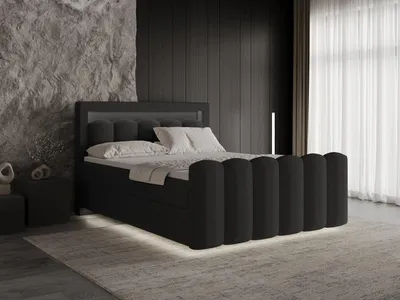 Produktbild von Chilly Möbel Design Bett Luméra - Komfort-Boxspringbett in Schwebeoptik mit Bettkasten, LED-Beleuchtung, Matratze und Topper 180x200 cm / H3 / Bouclé / Schwarz