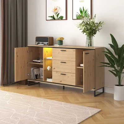 Produktbild von OPULHAUS Sideboard praktische Kommode aus holz für Wohnzimmer Esszimmer mit 2 Türen und 3 Schubladen 160 x 40 x 85cm Schrank Küchenschrank