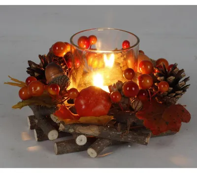 Image de 12 photophores en verre avec couronne décorative d'automne D=15cm Bougeoir Décoration de table
