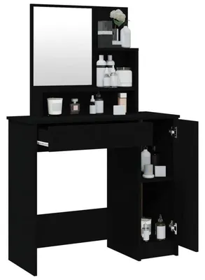 Zdjęcie produktu dla Toaletka z dużą lustrem i taboretem – czarna, solidna konstrukcja z drewna, kompaktowe wymiary: 86x36x135 cm