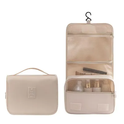 Produktbild von Reise Kulturtasche Beige mit Haken – Große Kosmetiktasche zum Aufhängen mit Nass-Trocken Trennung, Reise Organizer Make-up Tasche Damen Herren