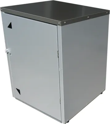 A silver metal storage box with a dark gray lid, shown from a three-quarter angle against a white background.