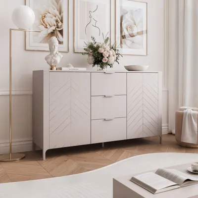 Produktbild von IDOHOME-Zweitürige Kommode LORIEN 153 cm mit 3 Schubladen Sideboard Beistellschrank Aufbewahrungsschrank Stehend Stauraum Soft-Close Kaschmir