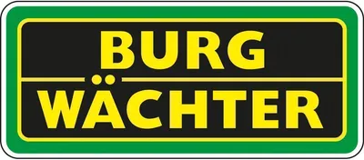A logo with the brand name 'BURG WÄCHTER' in yellow text on a black background, framed by green and white borders.