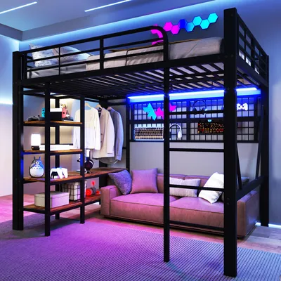 Productafbeelding van Hoogslaper 140 x 200 cm met opbergvak, spijlen, kledingroede, LED-verlichting en open ruimte onder het bed, zonder matras, zwart, ijzer/MDF, loftbed