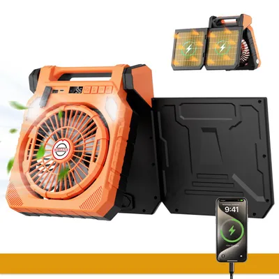 Zdjęcie produktu dla Wentylator solarny do biwakowania z oświetleniem LED, akumulator 10400mAh, panel solarny 10W, 4 prędkości, oscylacja 180°, powerbank USB do użytku na świeżym powietrzu, kolor pomarańczowy