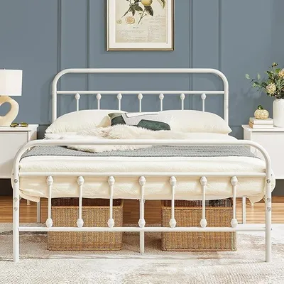 Zdjęcie produktu dla Rama łóżka w stylu vintage, 140 x 200 cm, metalowa, z listwami podtrzymującymi materac | nowoczesna rama łóżka, idealna jako łóżko gościnne lub młodzieżowe, kolor biały
