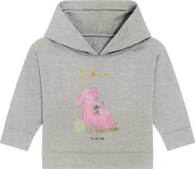 Produktbild von Mr. & Mrs. Panda Organic Baby Hoodie Schwein Glück 24. - 36. Monat - Heather Grey - Geschenk, Glücksbringer, Kapuzensweatshirt, Schweinchen, Kapuzenshirt, Ziele, Träume