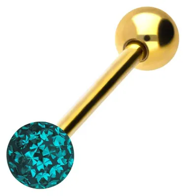 Produktbild von Zungenpiercing, Intim-Piercing Chirurgenstahl Barbell EPOXY- + CHIRURGENSTAHL-KUGEL Farbe: Gold + Kristall: Zirkonblau Stablänge: 16mm