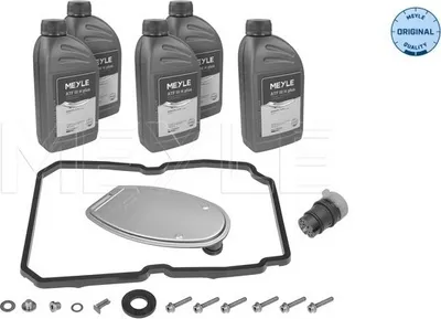 A set of automotive transmission fluid bottles, a transmission filter, gasket, and other small parts arranged on a white background.