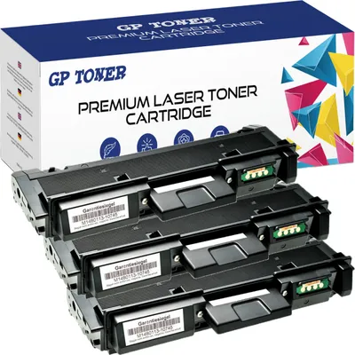 A box of toner cartridges with several cartridges stacked in front of it.
