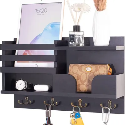 Produktbild von Famanu Schlüsselhalter Wandhalterung mit 4 Haken - Holz und Metall, Schwarz