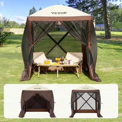 Obrázek produktu pro VEVOR pop-up pavilonový stan, pop-up stan se čtyřstrannou stříškou, ochrana proti slunci se 4 odnímatelnými předními okny a okny ze síťoviny, 6 x 6 stop, rychlé sestavení stanu s moskytiérou, hnědý