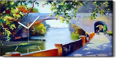 Produktbild von Küchenuhr Bürouhr Leinwand Uhr 60x30 Malerei Bäume Fluss Brücke Zweig Kunst - weiße Hände