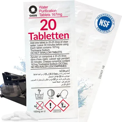 Produktbild von Wicked Chili 20x Chlortabletten für Rudergerät mit Wassertank geeignet für Waterrower, Skandika, Hammer, Aquatabs, Oasis Reinigungstabletten gegen Algen Water Rower (2 Jahresbedarf Wassertabletten)