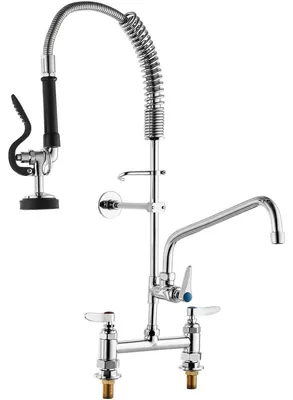 Produktbild von Commercial Faucet with Pre-Rinse Sprayer, 26" Height, 8" Center, 12" Swing Spout, Deck Mount Kitchen Sink Faucet, Brass Constructed Device with Pull Down Spray, for 1/2/3 Compartment Sink