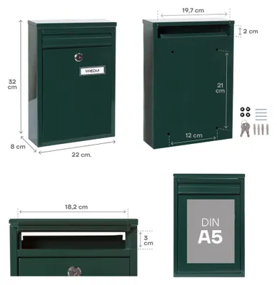 Productafbeelding van Arregui E-5753, Wandgemonteerde brievenbus, staal, groen, met sleutel, 18,2 cm, 220 mm