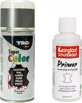 Produktbild von TRG Lederfarbspray 150ml Dose + Primer Lederreiniger 100ml - Color Spray, Farbspray Schnelltrocknend, Abriebfest - zum Färben aller Glattleder und Kunstleder silber 312/20