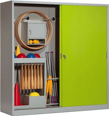 Produktbild von C+P Sportgeräteschrank mit Vollblech-Schiebetüren (Typ 5), HxBxT 195x190x60 cm, Clowngrün (RAL 110 80 60), Lichtgrau (RAL 7035), Einzelschließung