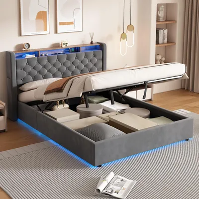 Produktbild von STILVORA Polsterbett 180x200 cm mit Matratze Bettgestell mit Bettkasten&LED,Jugendbett mit Stauraum,Steckdose & klappbarem Kopfteil,Samt,Metall&Holz