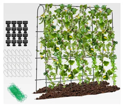 Produktbild von Rankhilfe Set Metall für Kletterpflanzen, Gartenspalier mit Netz, 24 Clips und 28 Klammern, Pflanzenstütze für Gemüse (179x32-65x180cm)