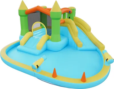 Immagine prodotto di Castello gonfiabile, 3,8 x 4 x 2 metri Scivolo acquatico gonfiabile, castello gonfiabile con trampolini, canestro da basket, piscina e gioco dell'anello acquatico, per 3-4 bambini dai 3 agli 8 anni