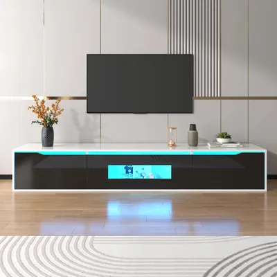 Zdjęcie produktu dla RTV stojak - komoda pod telewizor - 180 x 35 x 30 cm - oświetlenie LED w 16 kolorach - wysoki połysk - płyta wiórowa i MDF - czarno-biały