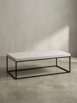 Produktbild von Couchtisch 120x60x38 cm Sandfarben Sofatisch in Stein-Optik Modern, Design Wohnzimmertisch Rechteckig, Loungetisch Beige, Kaffeetisch Metallbeine Groß